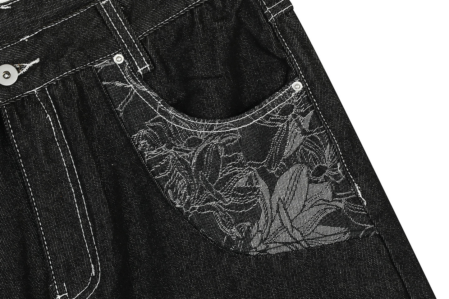 Contrast Stitch Bandana Patch Wide Leg Denim Jeans WN25979