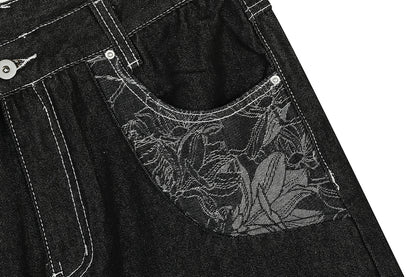 Contrast Stitch Bandana Patch Wide Leg Denim Jeans WN25979
