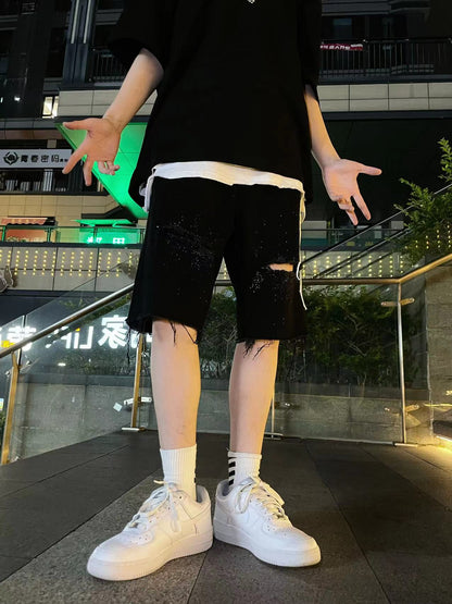 Rhinestone Damage Denim Half Jeans WN20699