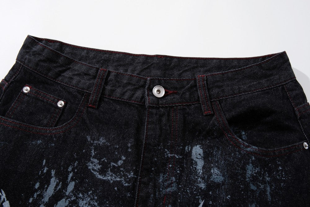 Graffiti Totem Print Wide Leg Denim Jeans WN27881