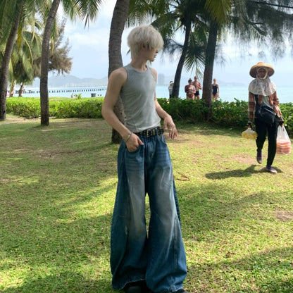 Scimitar Cut Damage Wide Leg Denim Jeans WN19732