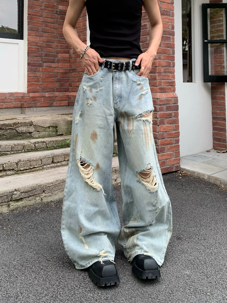 Damage Washed Wide Leg Denim Jeans WN19790