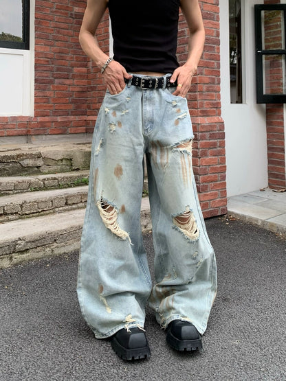 Damage Washed Wide Leg Denim Jeans WN19790