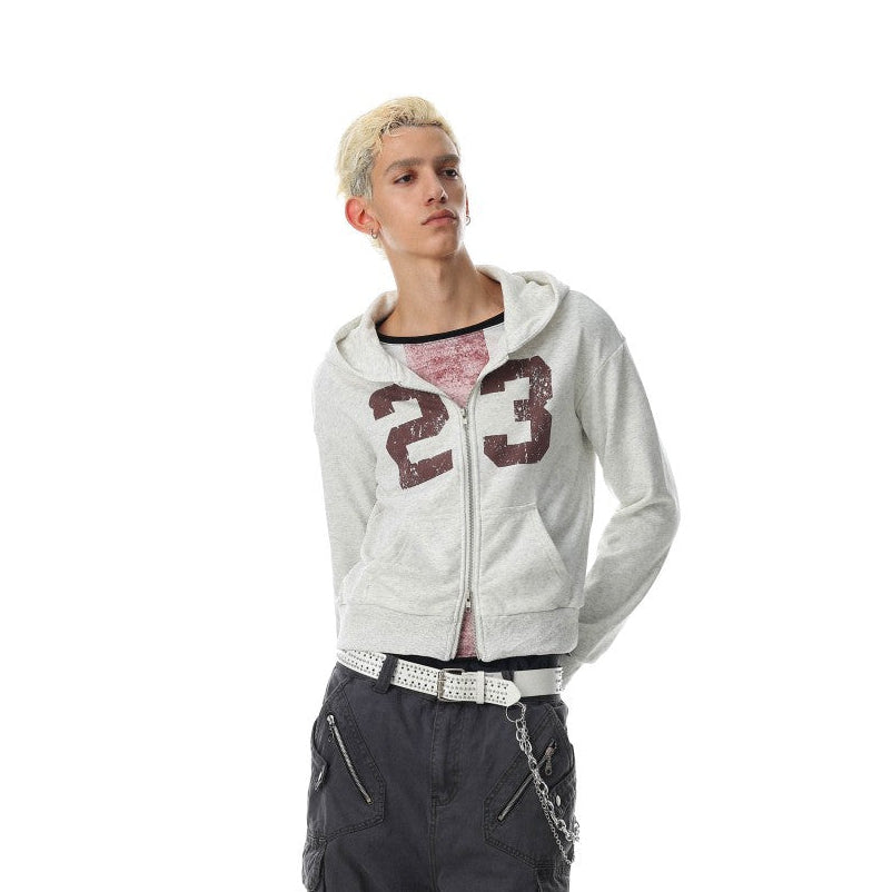 Cropped Number Graphic Zipper Hoodie WN27966
