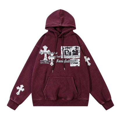 Washed Letter Print Fleece Lining Pullover Hoodie WN11498