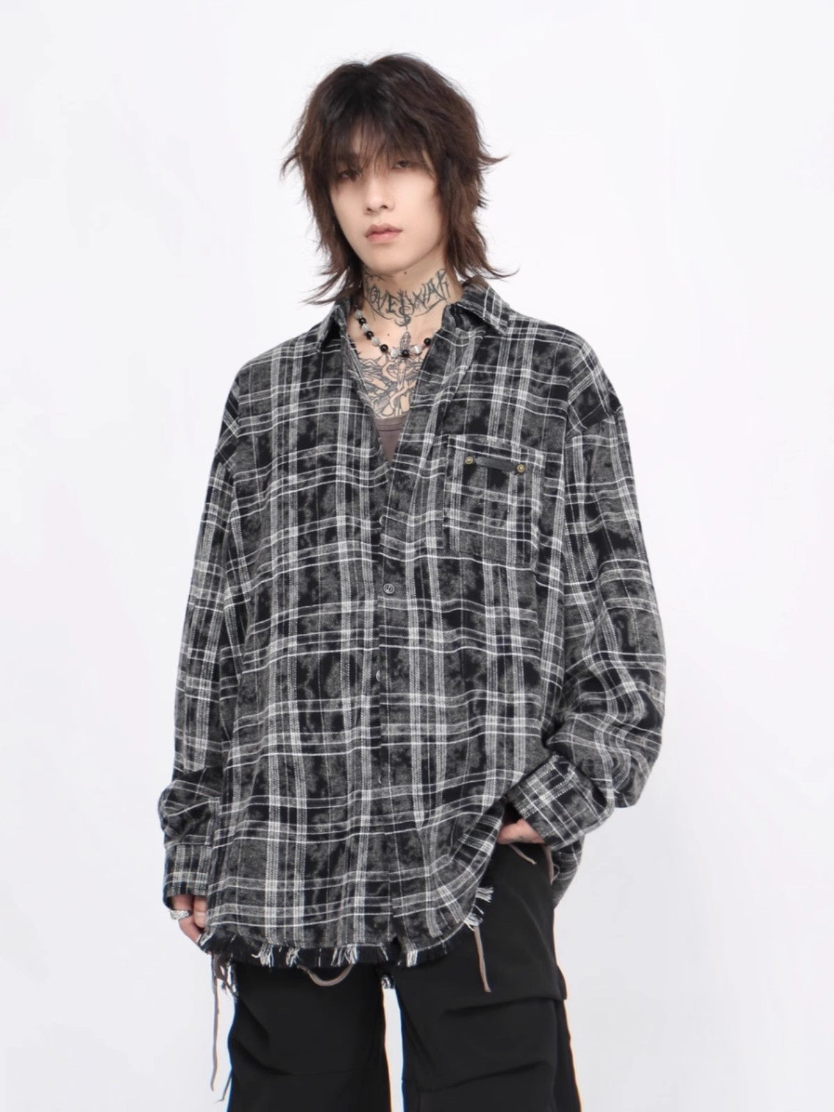 Oversize Damage Plaid Long Sleeve Shirt WN6957