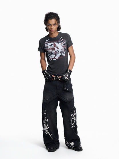 Music Note Print Washed Raw-Edge Wide Leg Pants WN27430