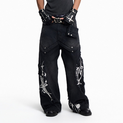 Music Note Print Washed Raw-Edge Wide Leg Pants WN27430