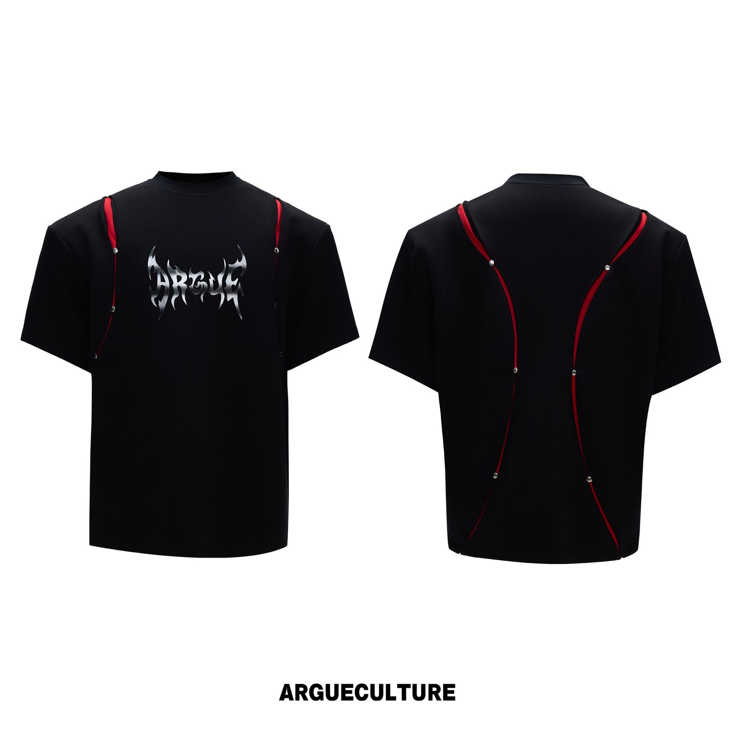 Deconstruction Liquid Print Contrast Panel Rivet Short Sleeve T-Shirt WN26976