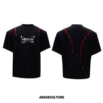 Deconstruction Liquid Print Contrast Panel Rivet Short Sleeve T-Shirt WN26976