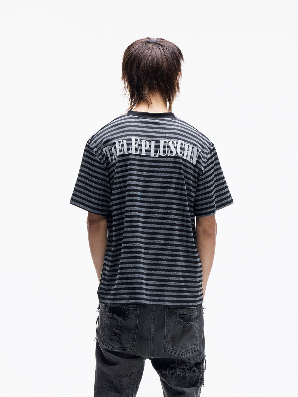 V-Neck Stripe Rhinestone Reflective Print Short Sleeve T-Shirt WN27301