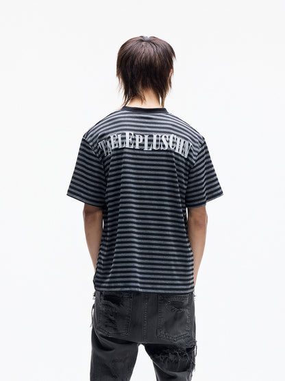 V-Neck Stripe Rhinestone Reflective Print Short Sleeve T-Shirt WN27301