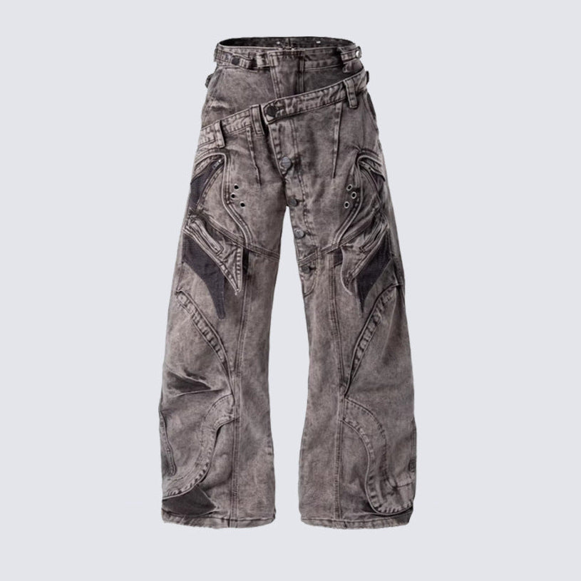 WN27973 Heavy-work distressed washed wide-leg jeans, asymmetrical waistband mesh patchwork, punk functional high street pants WN27973