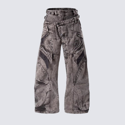 WN27973 Heavy-work distressed washed wide-leg jeans, asymmetrical waistband mesh patchwork, punk functional high street pants WN27973