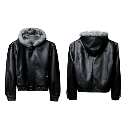Hooded Fake Fur Collar PU Leather Jacket WN22594
