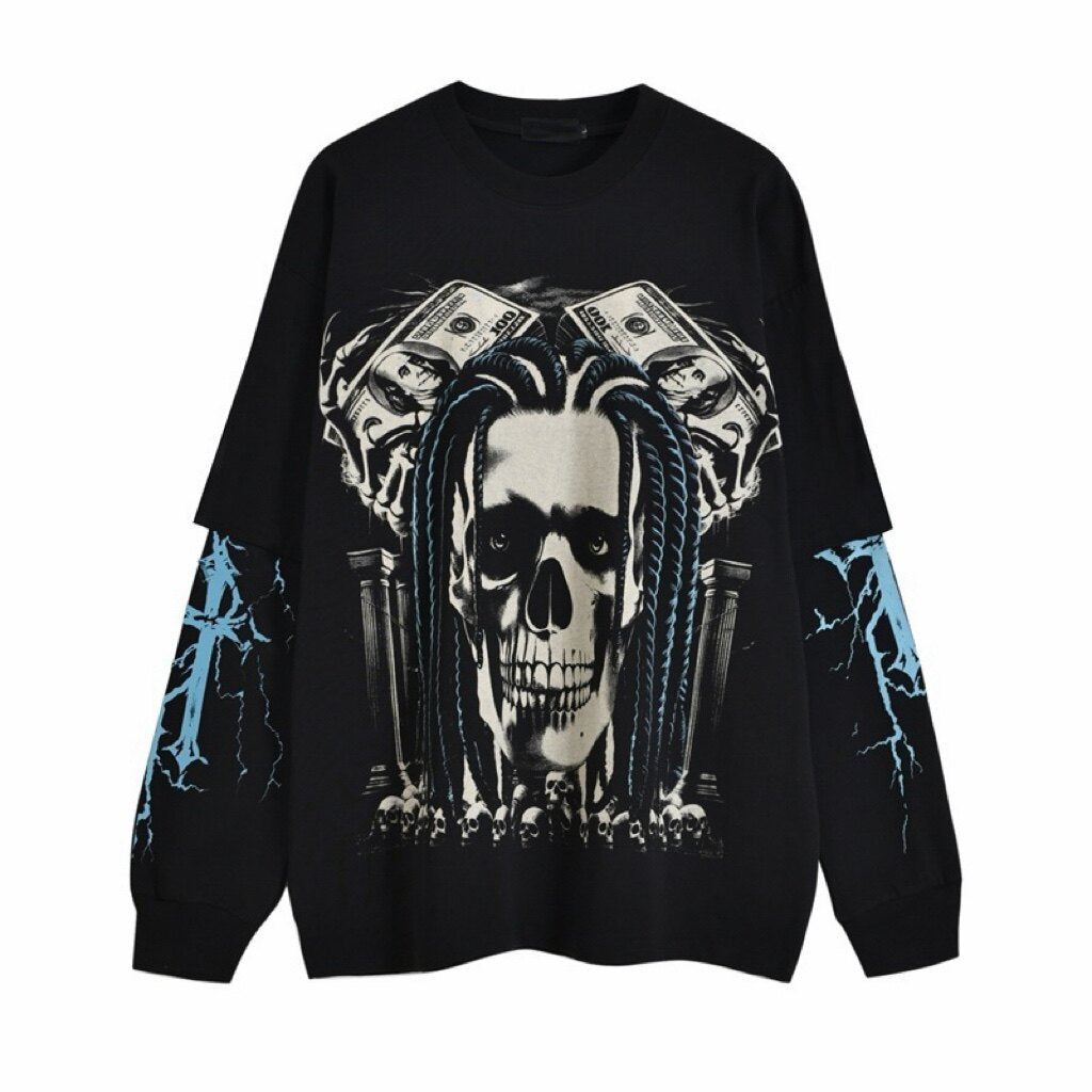 Fake Layered Skull Print Oversize Long Sleeve T-Shirt WN24492