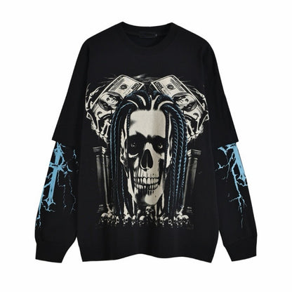 Fake Layered Skull Print Oversize Long Sleeve T-Shirt WN24492