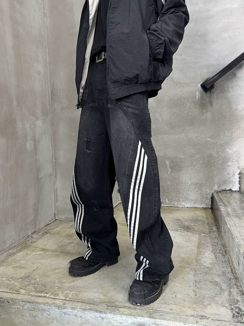 Damage Side Stripe Washed Wide Leg Denim Jeans WN21174