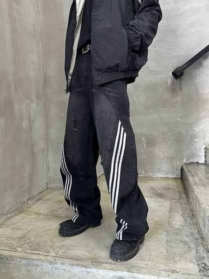 Damage Side Stripe Washed Wide Leg Denim Jeans WN21174