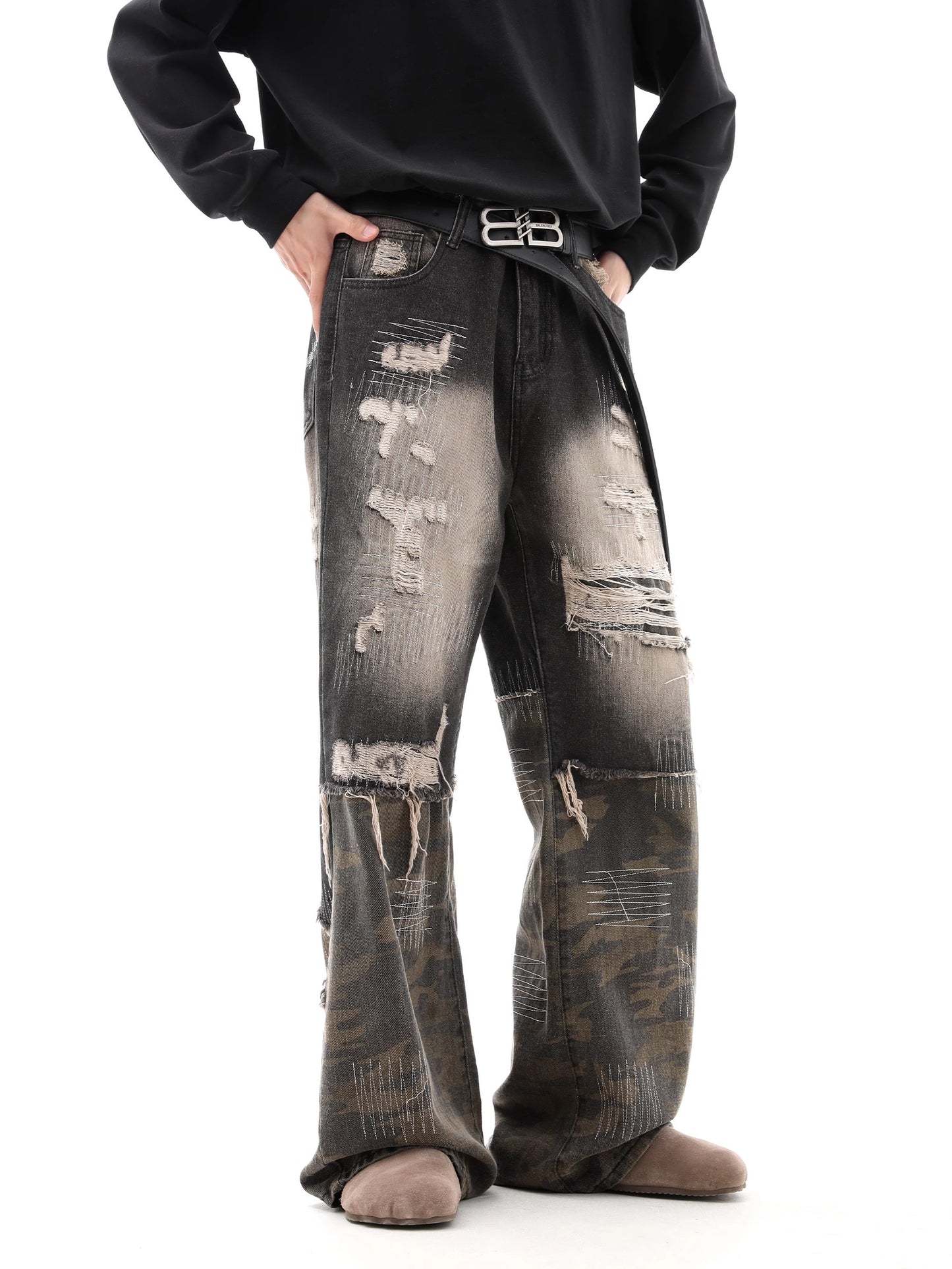 Washed Embroidery Damage Camouflage Denim Jeans WN10292