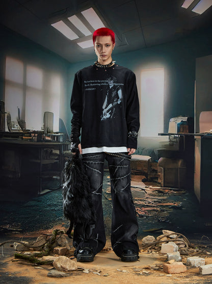 Washed Digital Portrait Slogan Print Stud Long Sleeve T-Shirt WN20559