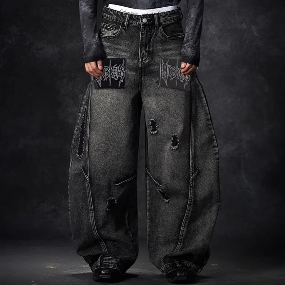Ripped Metal Chain Wide Leg Denim Jeans WN27870