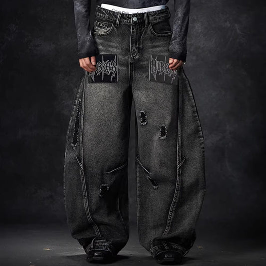 Ripped Metal Chain Wide Leg Denim Jeans WN27870