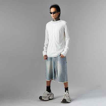Fringe Rhinestone Wide Leg Half Denim Pants WN25612