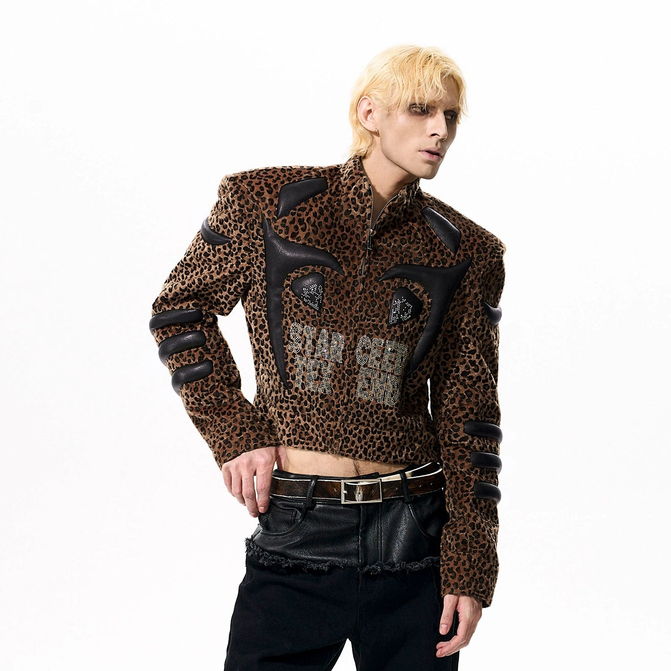 Leopard Rhinestone Mix PU Leather Short Zipper Jacket WN21767