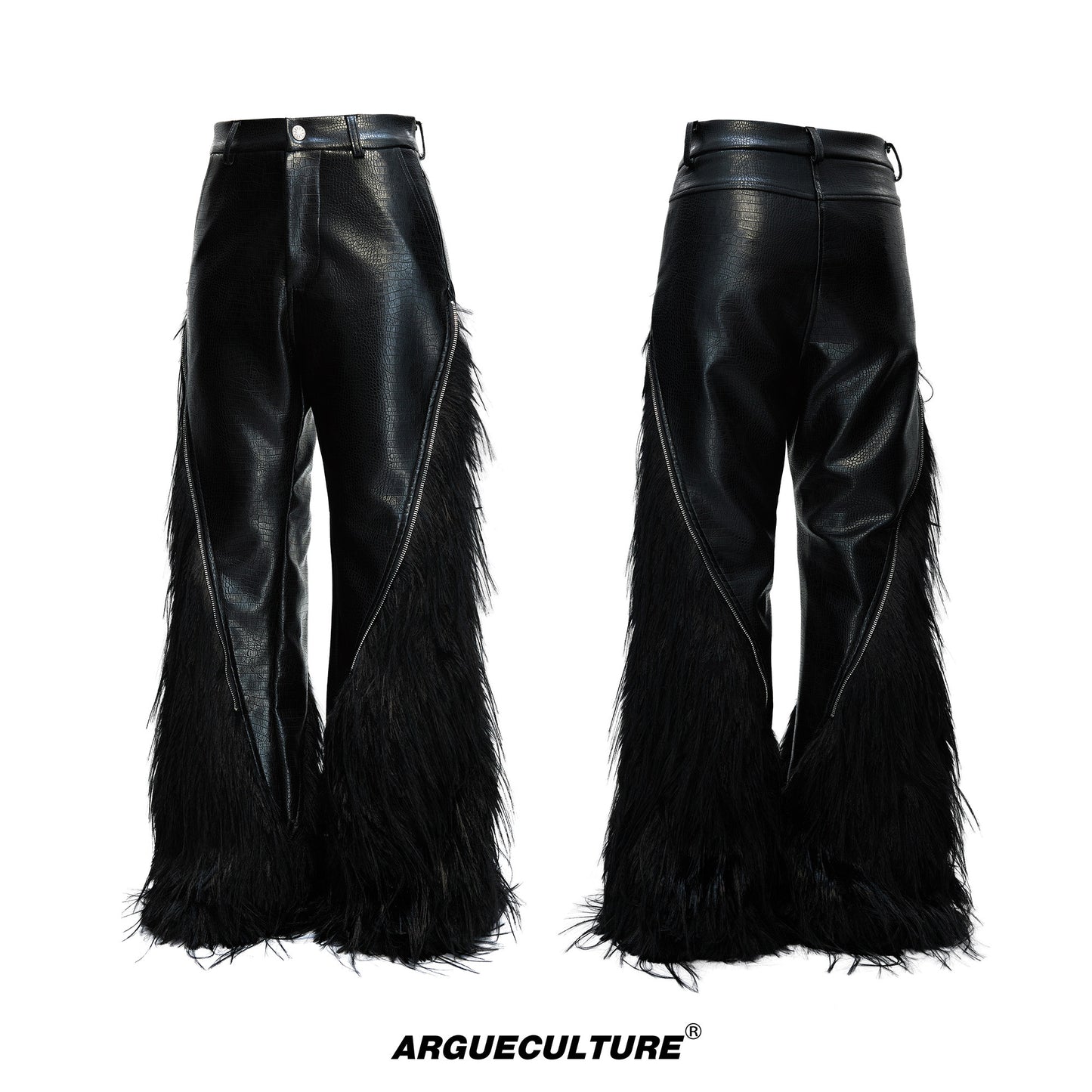 Fake Wolf Fur Patchwork Crocodile Texture Metal Zipper Straight PU Leather Pants WN23316