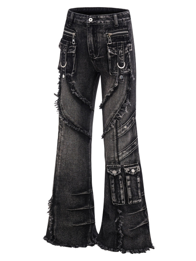 Heavy Detail Flare Cargo Denim Jeans WN24277