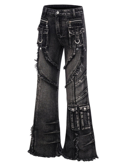 Heavy Detail Flare Cargo Denim Jeans WN24277