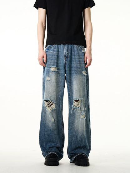 Damage Wide-Leg Straight Denim Jeans WN7643