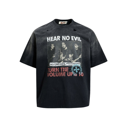 Washed Damage Portrait Print Short Sleeve T-Shirt WN25489