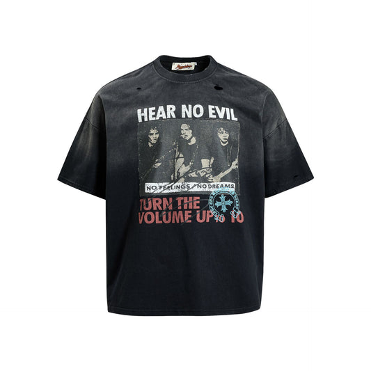 Washed Damage Portrait Print Short Sleeve T-Shirt WN25489