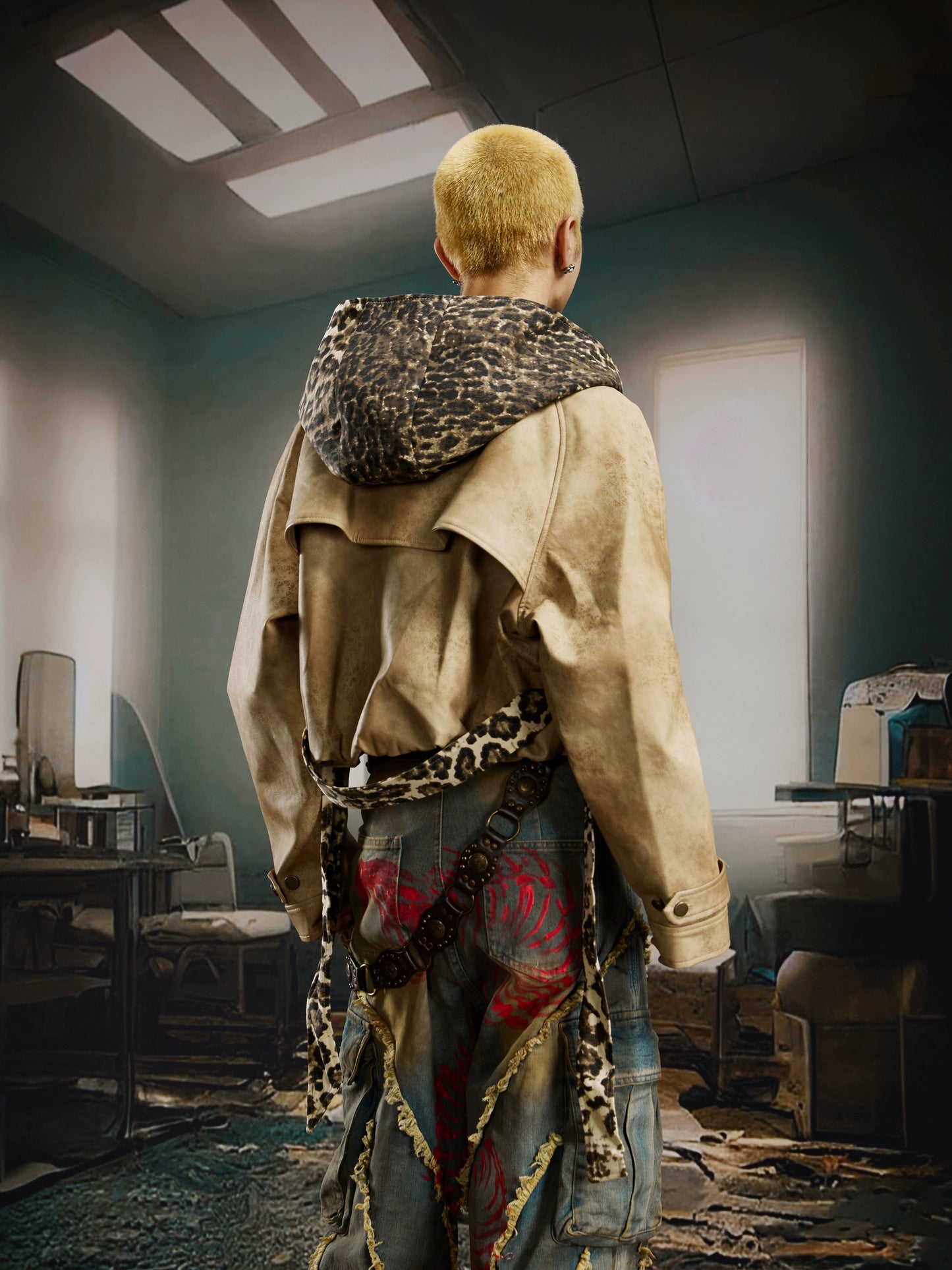 Deconstruction Patchwork Leopard Hooded PU Leather Jacket WN21381