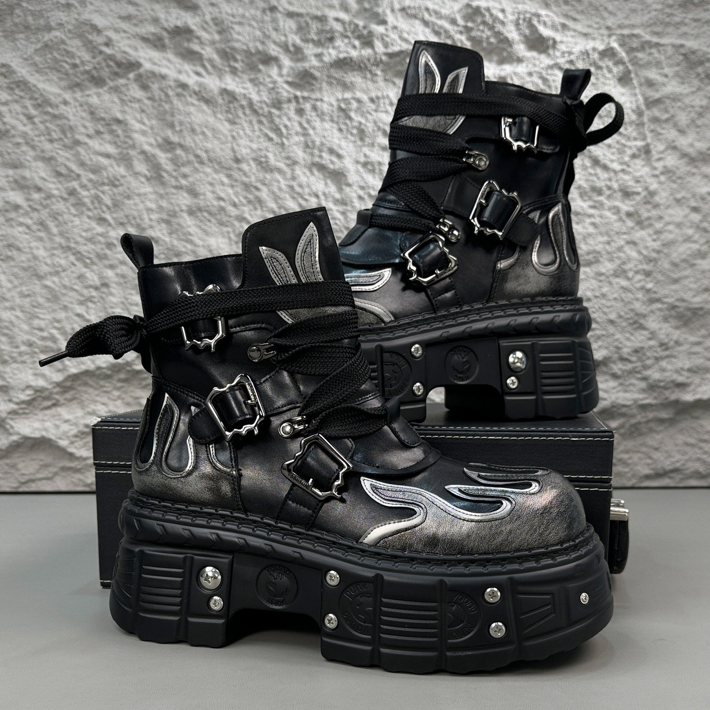 Flame Embroidery Strap Buckle Platform Short Boots WN24578