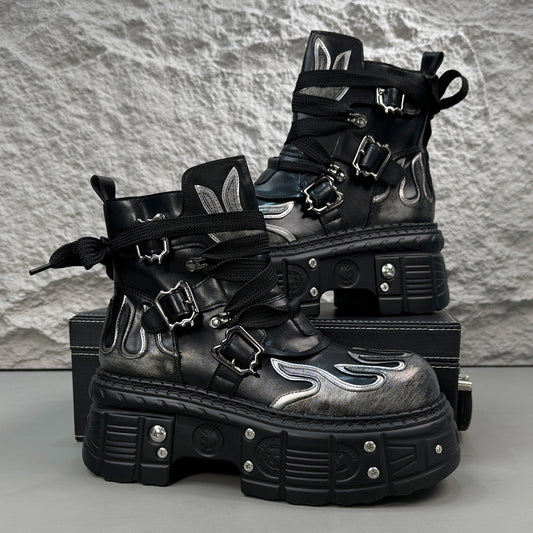 Flame Embroidery Strap Buckle Platform Short Boots WN24578