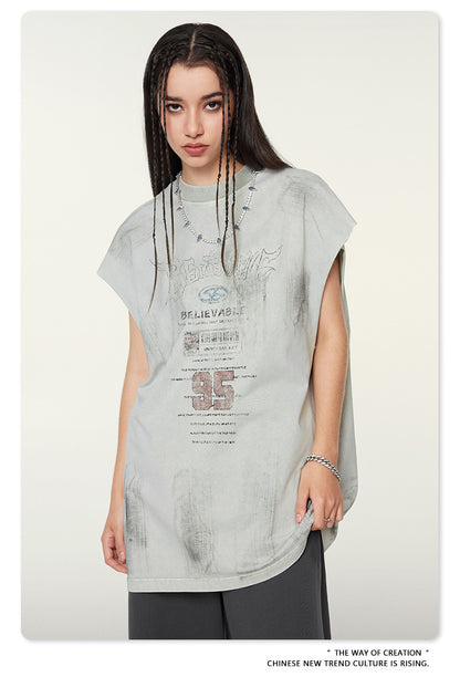 Washed Damage Print Oversize Tank Top T-shirt WN6391