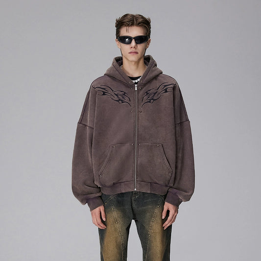 Washed Embroidery Design Zipper Hoodie WN17796