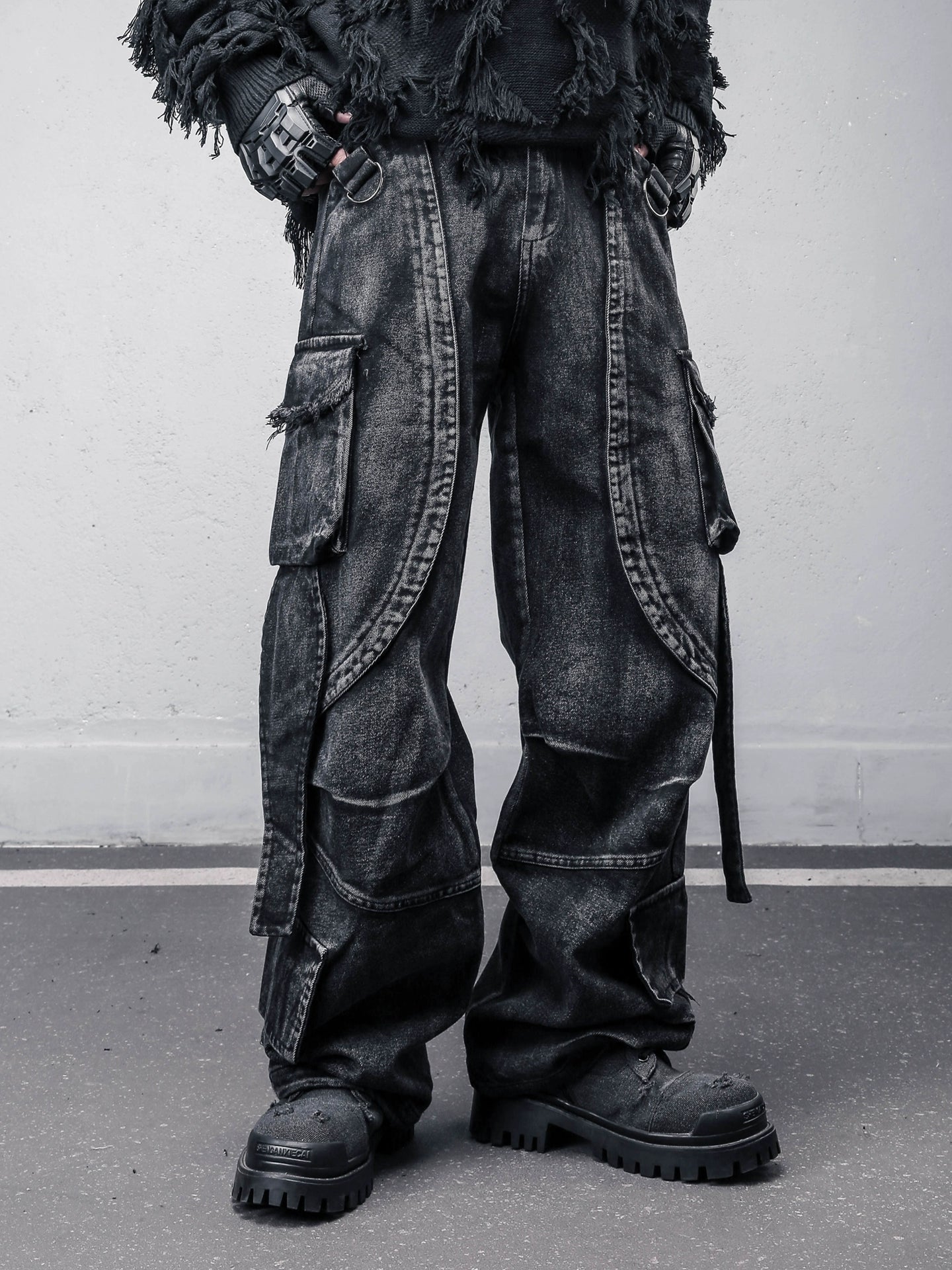 Multi Pocket Wash Damage Wide Leg Denim Jeans WN22388