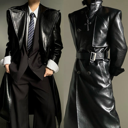 Belted PU Leather Waist-Shaping Coat WN23143