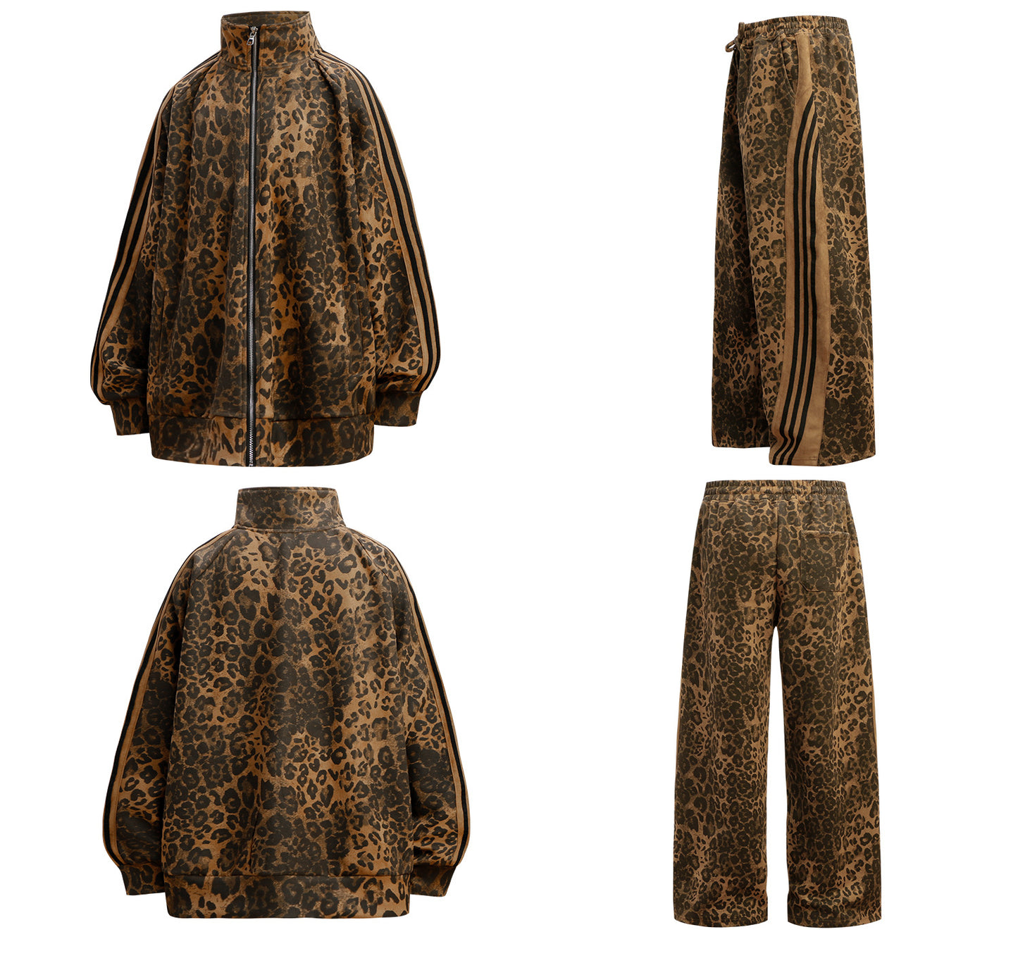 Leopard Design Stand Neck Zipper Jacket & Wide Leg Pants Setup WN18570