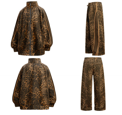 Leopard Design Stand Neck Zipper Jacket & Wide Leg Pants Setup WN18570