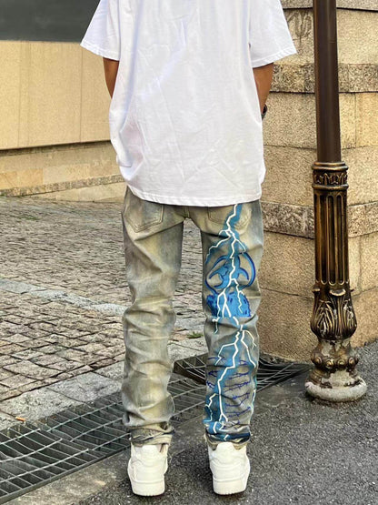 Lightning Print Damage Washed Wide Leg Denim Jeans WN24132