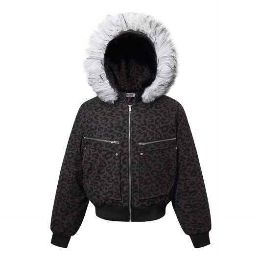 Leopard Print Fake Fur Trim Hooded Oversize Puffer Jacket WN27919