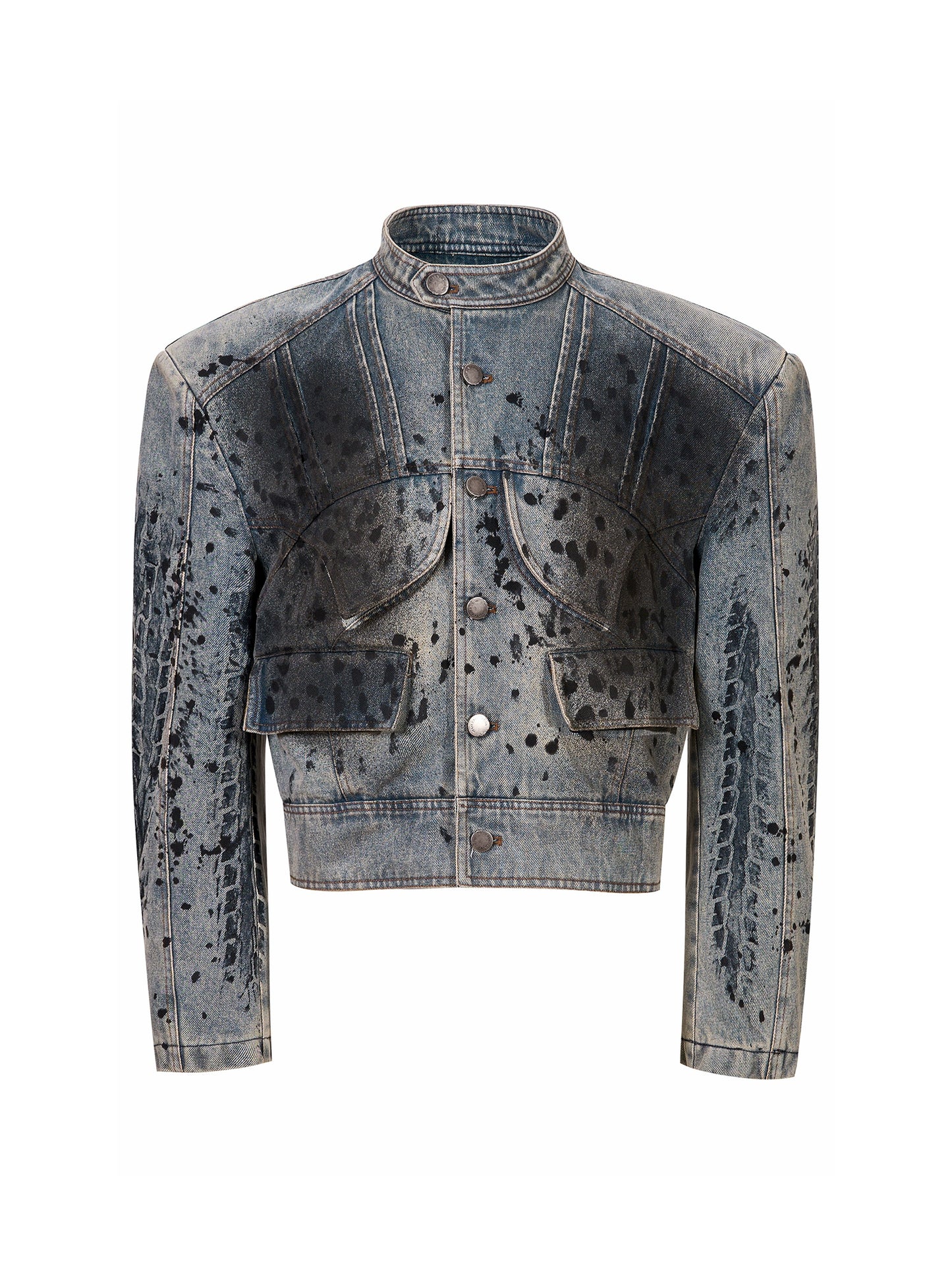 Tire Print Hight Neck Shoulder-pad Damage Denim Jacket & Denim Jeans Setup WN21793