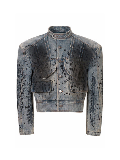 Tire Print Hight Neck Shoulder-pad Damage Denim Jacket & Denim Jeans Setup WN21793