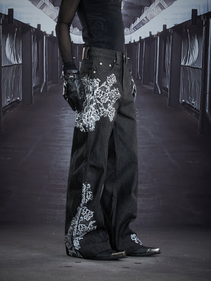 Irregular Print Flare Denim Jeans WN22891