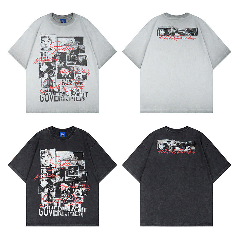 Graphic Print Wash Damage Cotton Short Sleeve T-Shirt WN25645